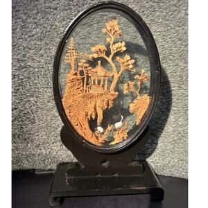 Vintage Antique Carved Chinese Wood Ancient Village Black Lacquered Glass Frame